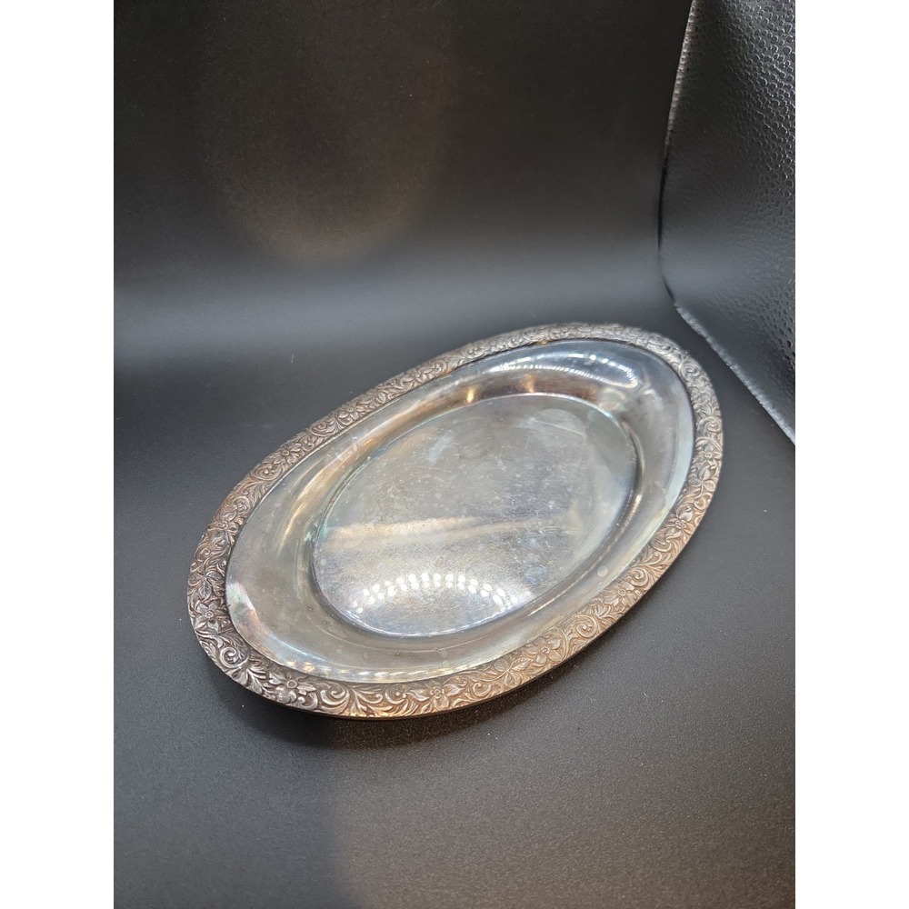 Regent Silver Co Oval Serving Tray Platter Silver on Copper Vintage Floral 10.5"